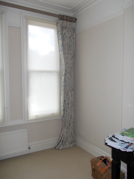 wooden pole, tied back curtain, voile privacy blind